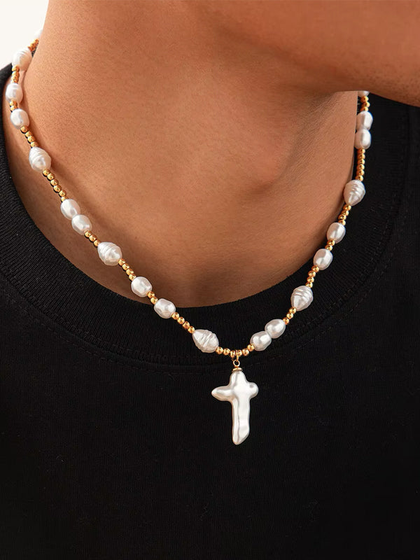 Pearl & Gold Beads Cross Necklace 3