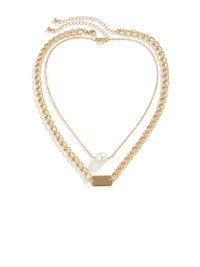 Pearl & Tag Necklace Set in Gold Color