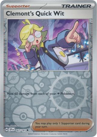 Pokemon Scarlet & Violet Surging Sparks Trainer Clemont's Quick Wit Card reverse