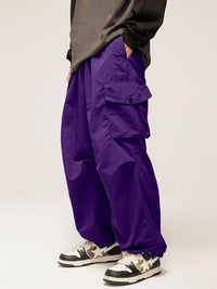 Purple Nylon Cargo Pants with Elastic Waist Belt 3