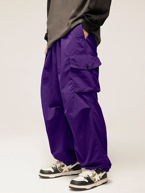 Purple Nylon Cargo Pants with Elastic Waist Belt 3