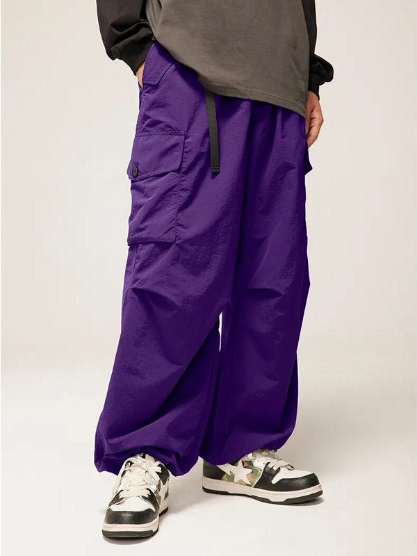 Purple Nylon Cargo Pants with Elastic Waist Belt 4