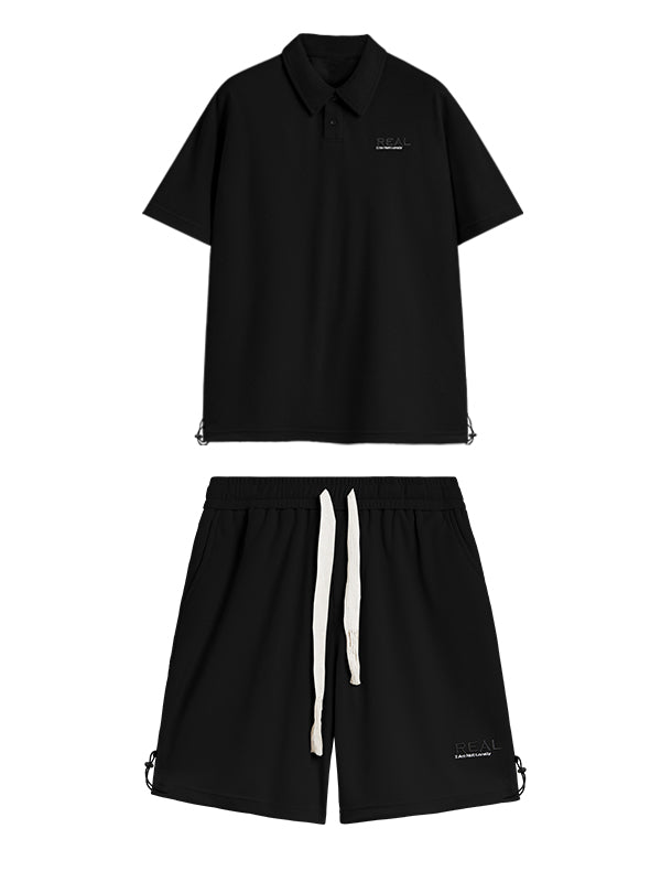 Real I'm Not Lonely Polo Shirt & Shorts Set in Black Color 5