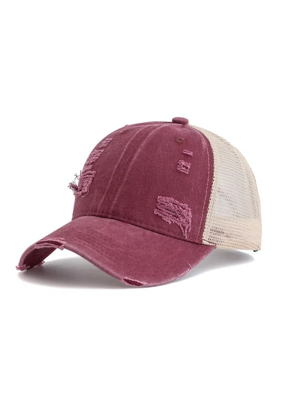 Red Distressed Curved Brim Trucker Cap