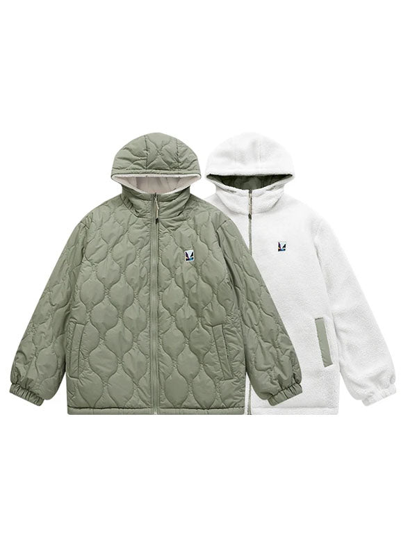 Reversible Fleece Jacket with Scenery Patch in Green Color