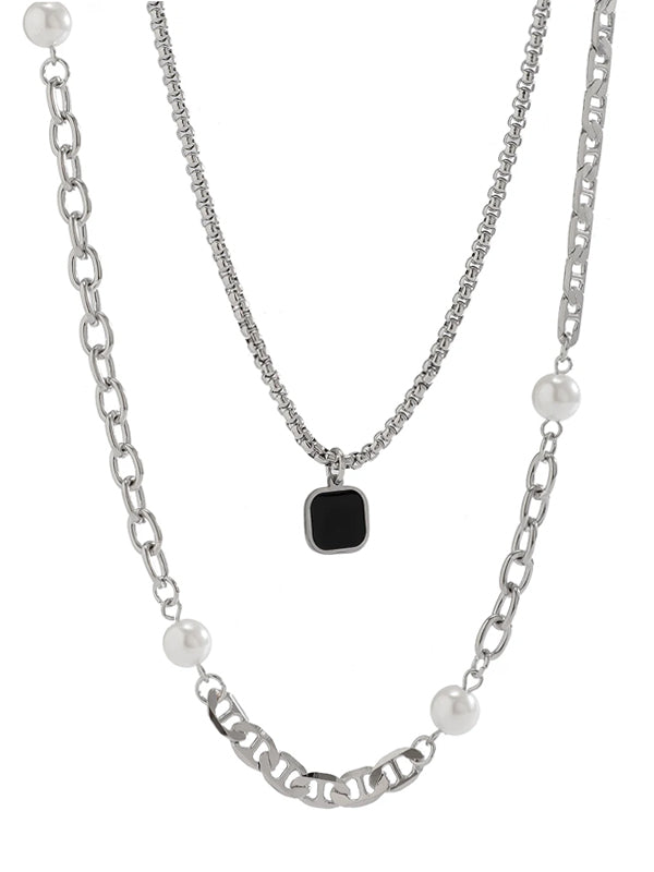 Set of 2 Layered Necklaces with Square Pendant & Link Chain