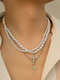 Set of 2 Pearl & Chain Necklace with Cross Pendants 2