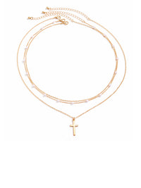Set of 3 Layered Beads & Cross Necklaces in Gold Color