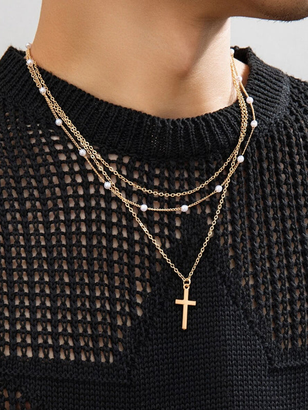 Set of 3 Layered Beads & Cross Necklaces in Gold Color 3