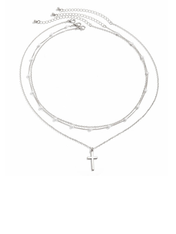 Set of 3 Layered Beads & Cross Necklaces in Silver Color