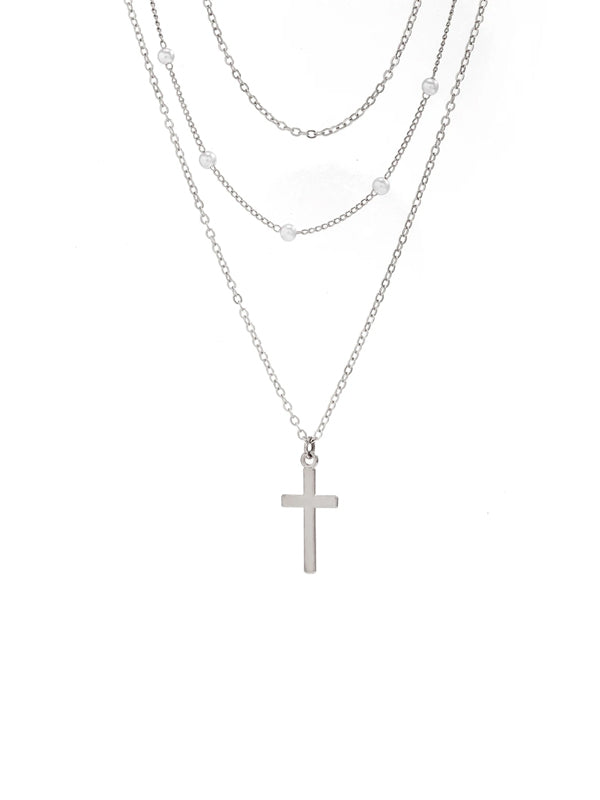 Set of 3 Layered Beads & Cross Necklaces in Silver Color 3