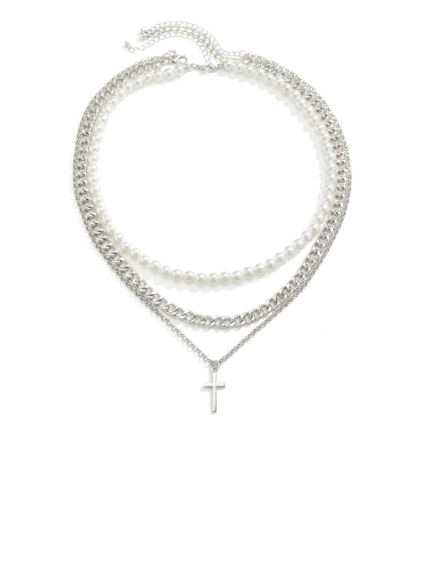 Set of 3 Layered Pearl & Cross Necklaces