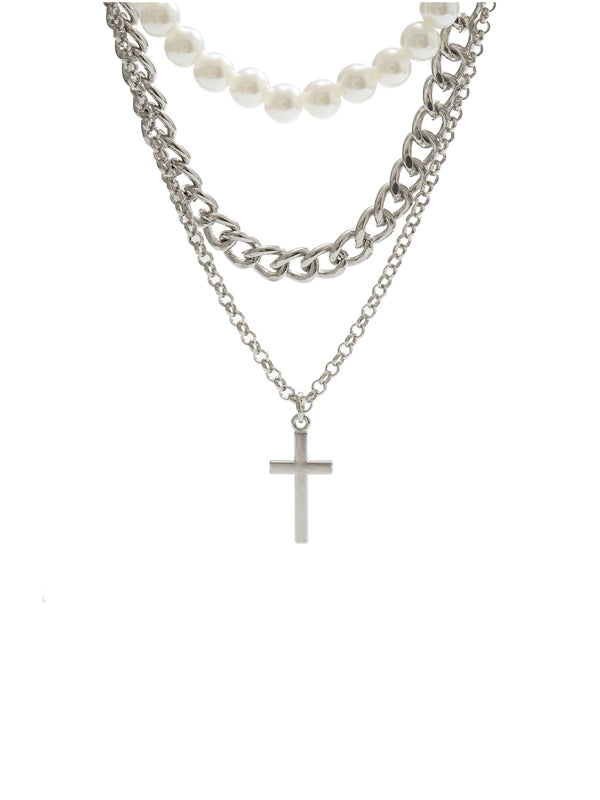 Set of 3 Layered Pearl & Cross Necklaces 2