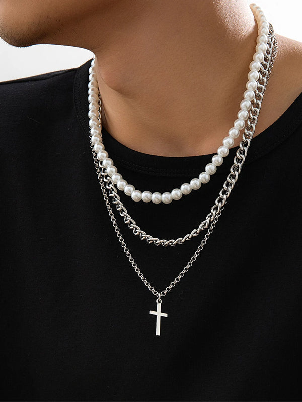Set of 3 Layered Pearl & Cross Necklaces 3