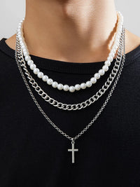 Set of 3 Layered Pearl & Cross Necklaces 4