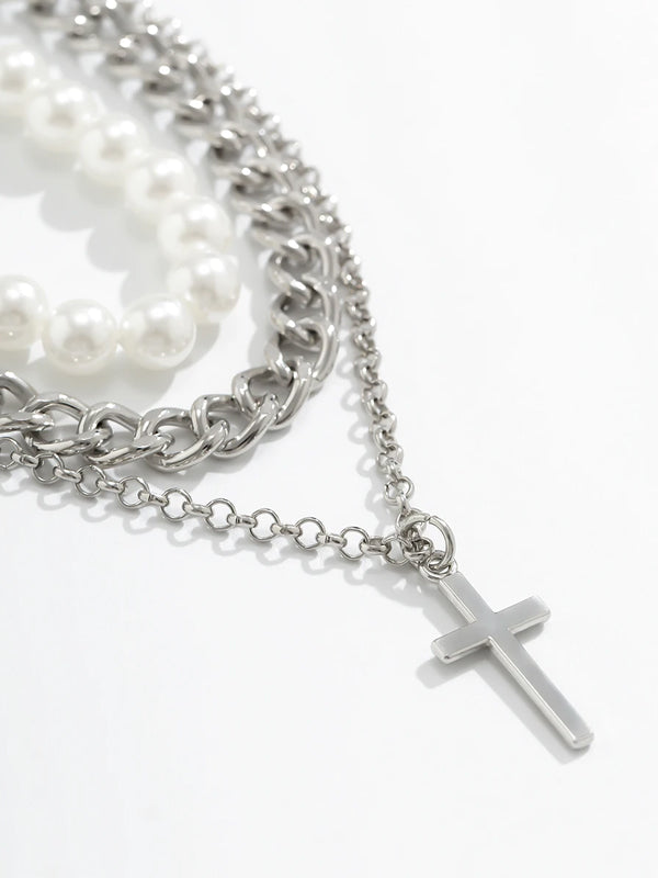 Set of 3 Layered Pearl & Cross Necklaces 5