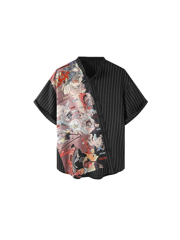 Short Sleeve Stripe Shirt with Japanese Print