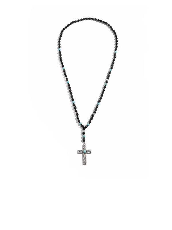 Silver Chain Necklace with Beads & Cross Pendant