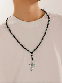 Silver Chain Necklace with Beads & Cross Pendant 2