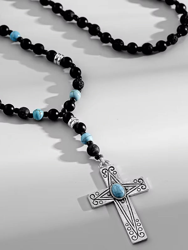 Silver Chain Necklace with Beads & Cross Pendant 3