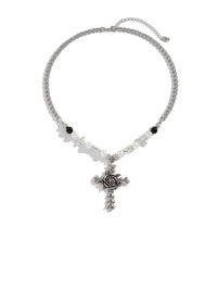 Silver Chain Necklace with Beads & Rose Cross Pendant