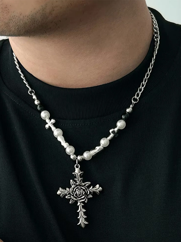 Silver Chain Necklace with Beads & Rose Cross Pendant 2