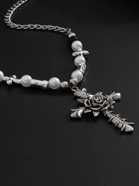 Silver Chain Necklace with Beads & Rose Cross Pendant 3