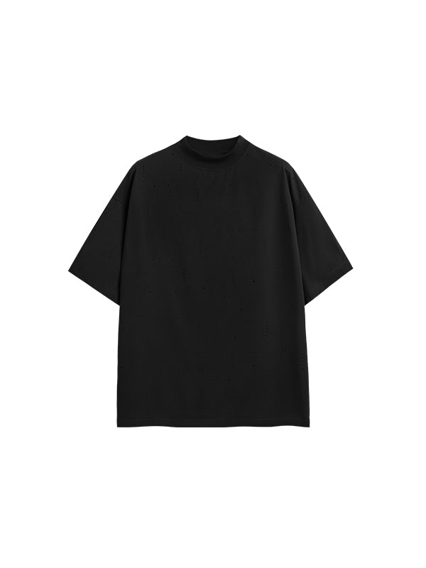 Stars Ripped Mock Neck T-Shirt in Black Color