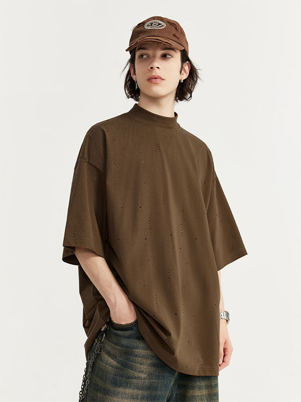 Stars Ripped Mock Neck T-Shirt in Brown Color 3
