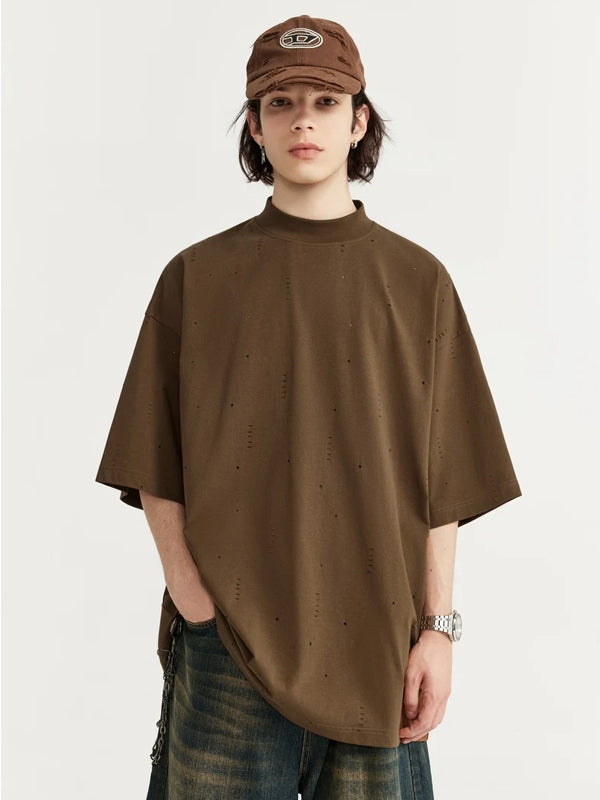 Stars Ripped Mock Neck T-Shirt in Brown Color 5