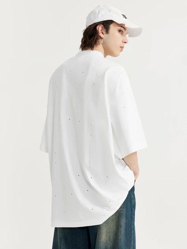 Stars Ripped Mock Neck T-Shirt in White Color 4
