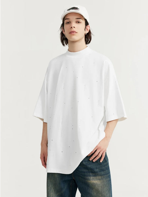 Stars Ripped Mock Neck T-Shirt in White Color 5