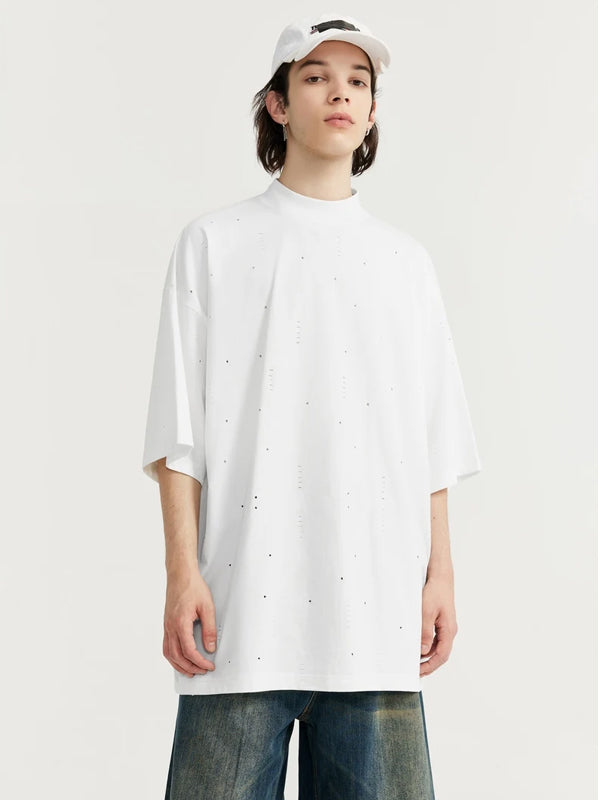 Stars Ripped Mock Neck T-Shirt in White Color 6