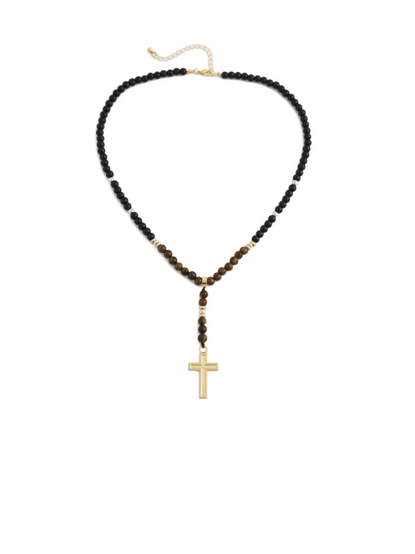 Stone Beads Necklace with Tassel Cross Pendant