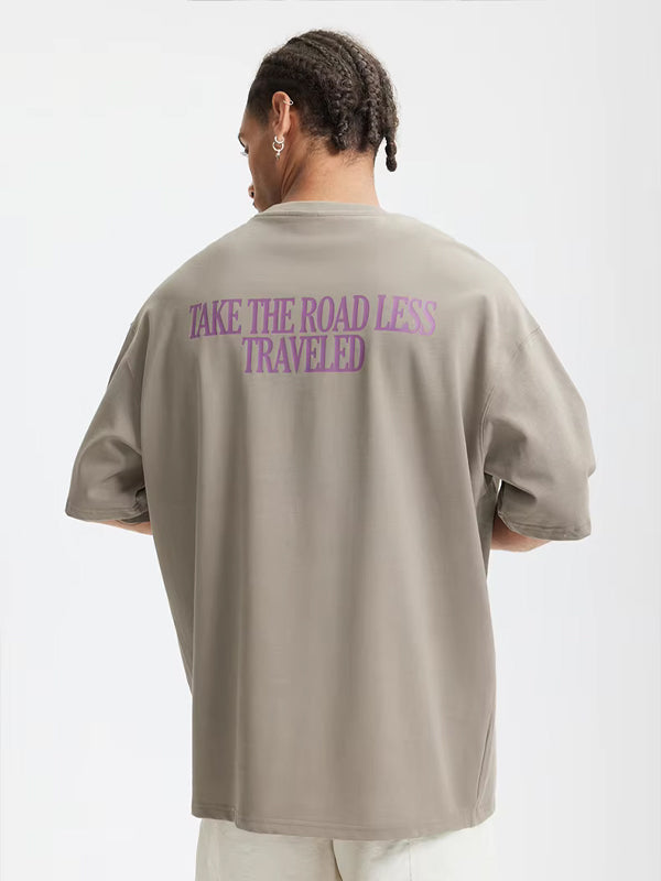 "Take The Road Less Traveled" Foam Print T-Shirt in Grey Color 4