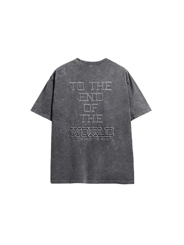 To The End Of The World Embroidered Washed T-Shirt in Grey Color 2