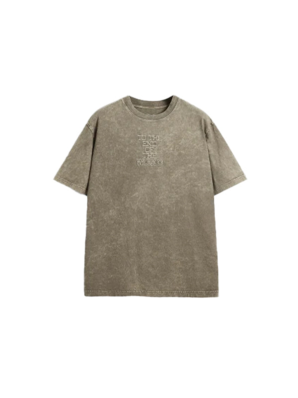 To The End Of The World Embroidered Washed T-Shirt in Khaki Color