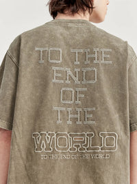 To The End Of The World Embroidered Washed T-Shirt in Khaki Color 3