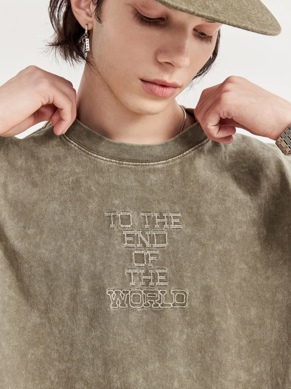To The End Of The World Embroidered Washed T-Shirt in Khaki Color 4