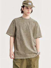To The End Of The World Embroidered Washed T-Shirt in Khaki Color 5