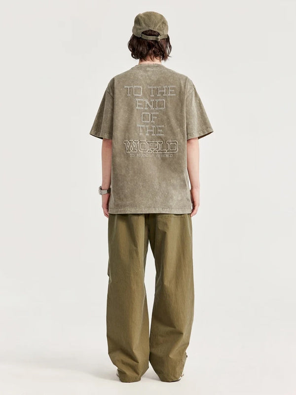 To The End Of The World Embroidered Washed T-Shirt in Khaki Color 7
