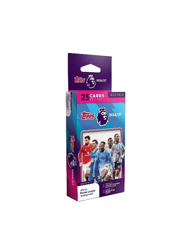 Topps 2024/25 Premier League official trading card pack in its original retail packaging, featuring a purple and blue design with player images of Manchester City and Arsenal football stars.