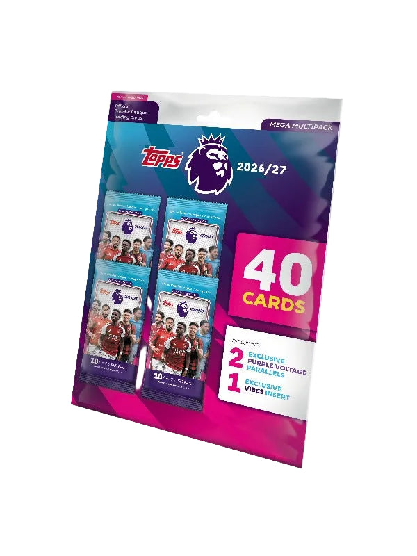 Topps Premier League 2026/27 40-card mega re-packaging pack, featuring purple and blue packaging with images of football players and a pink '40 Cards' label.