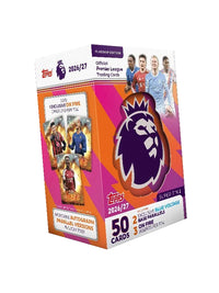 Topps 2026/27 Premier League trading card box, featuring a purple lion crest on a pink and orange striped background, with images of football players and text indicating 50 cards.