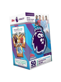 Topps 2024/25 Premier League Flashpoint Edition trading card box, featuring the purple Premier League lion logo on a blue and purple package with player images and card count of 50 cards.