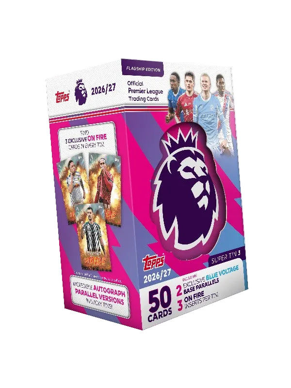 Topps 2026/27 Premier League Flash Match box packaging, featuring a purple and pink design with the Premier League lion logo and player images on the front.