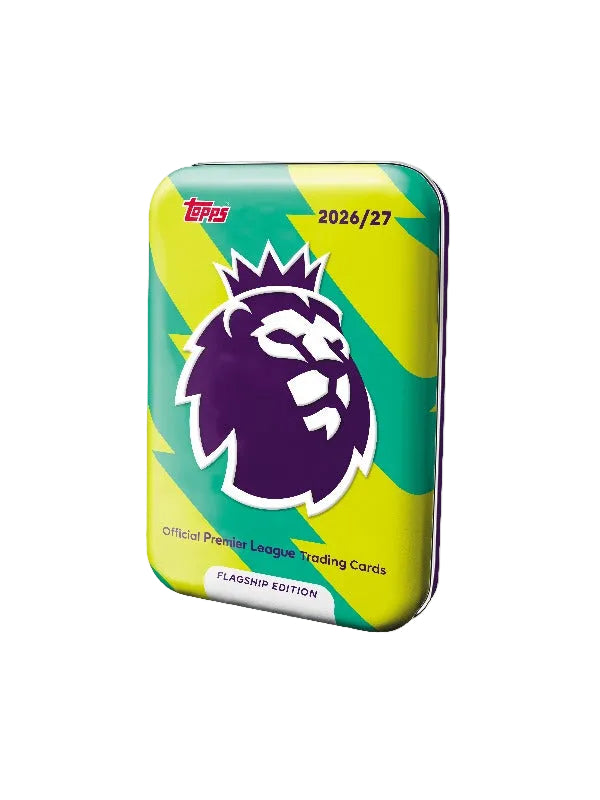 Topps 2026/27 Premier League trading cards flag tin edition, featuring a purple lion logo on a green and yellow background.
