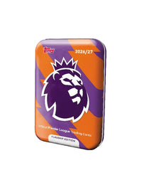 Topps official Premier League trading cards flagfin edition tin, featuring the purple Premier League lion logo on an orange and purple background.