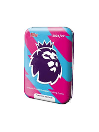Topps official Premier League trading cards flagfin edition tin, featuring a vibrant pink and blue design with the Premier League lion logo in the center.