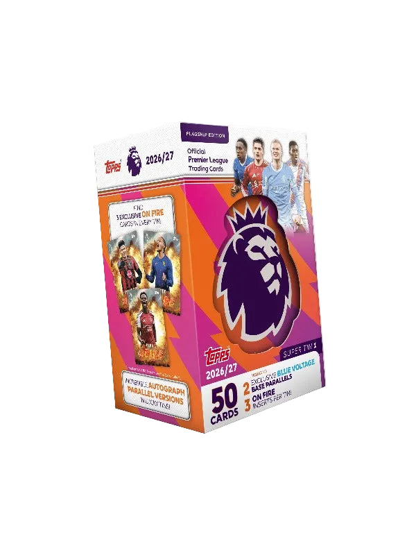 Topps 2024/25 Premier League Football Cards box pack, featuring the purple Premier League lion logo on a vibrant orange, pink, and white packaging design.